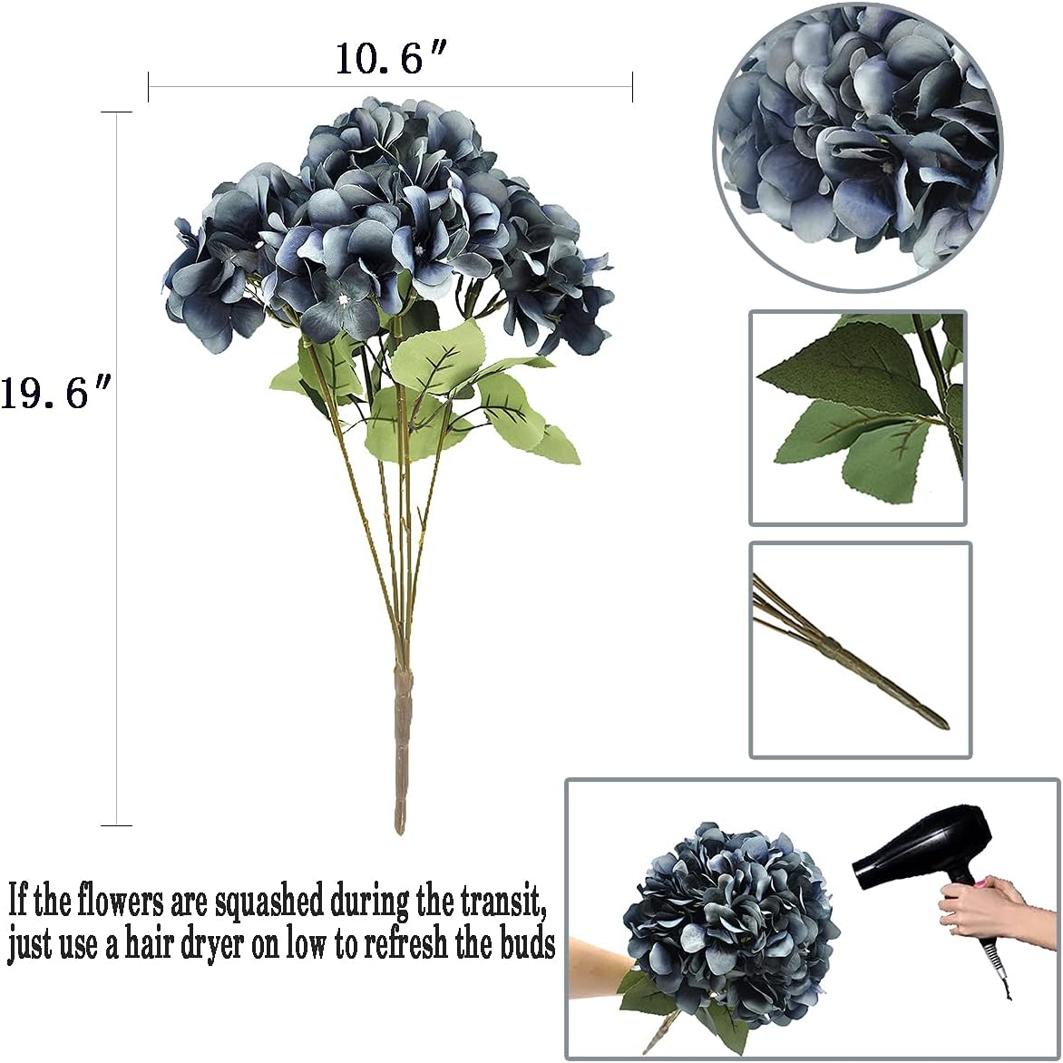 2Bouquets Artificial Fake Flowers Silk Hydrangea Arrangements Wedding Bouquets Decorations Plastic Floral Home Kitchen Garden Party Festival Bar DIY (Navy Blue)