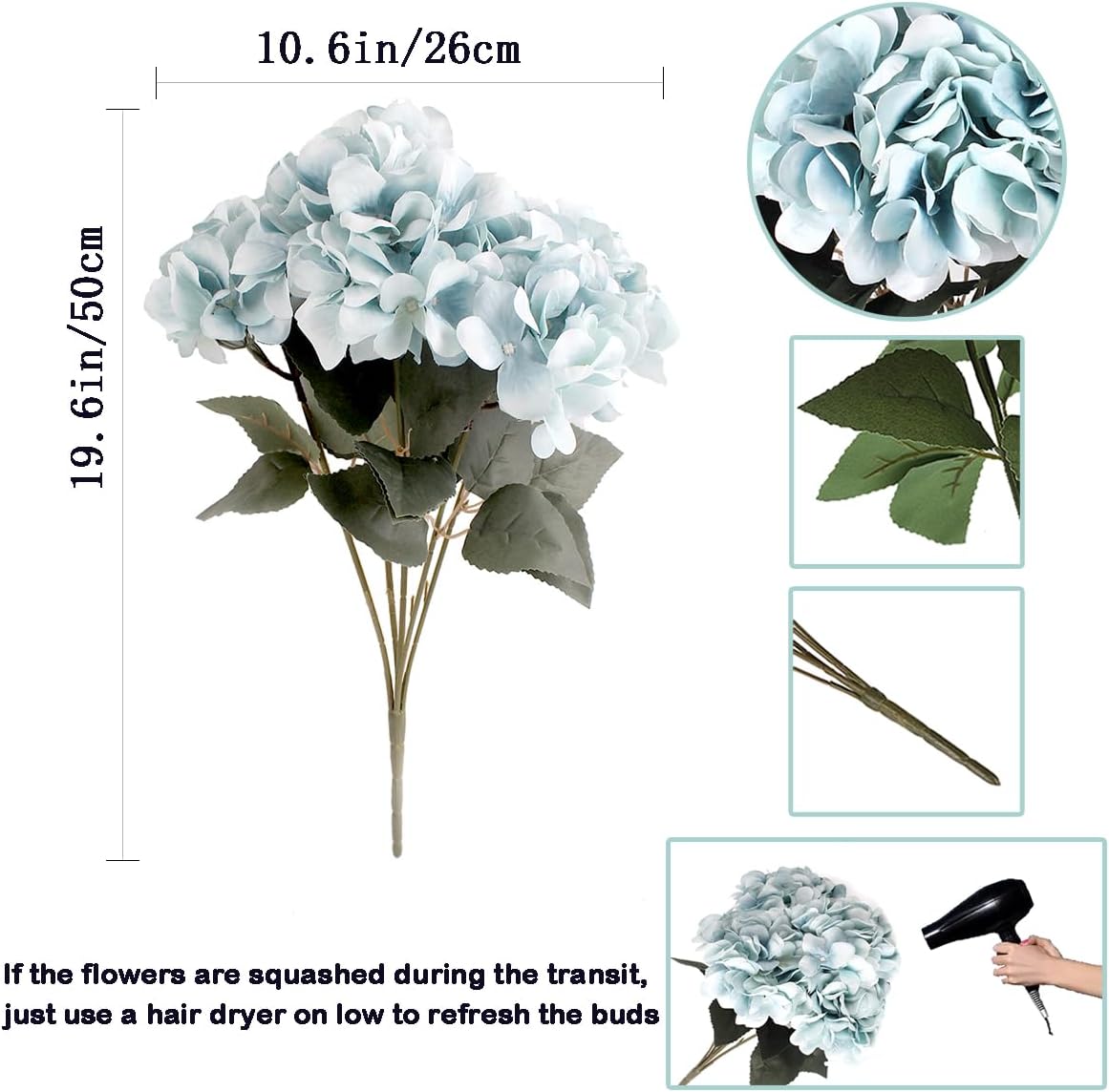 2Bouquets Artificial Fake Flowers Silk Hydrangea Arrangements Wedding Bouquets Decorations Plastic Floral Home Kitchen Garden Party Festival Bar DIY (Navy Blue)