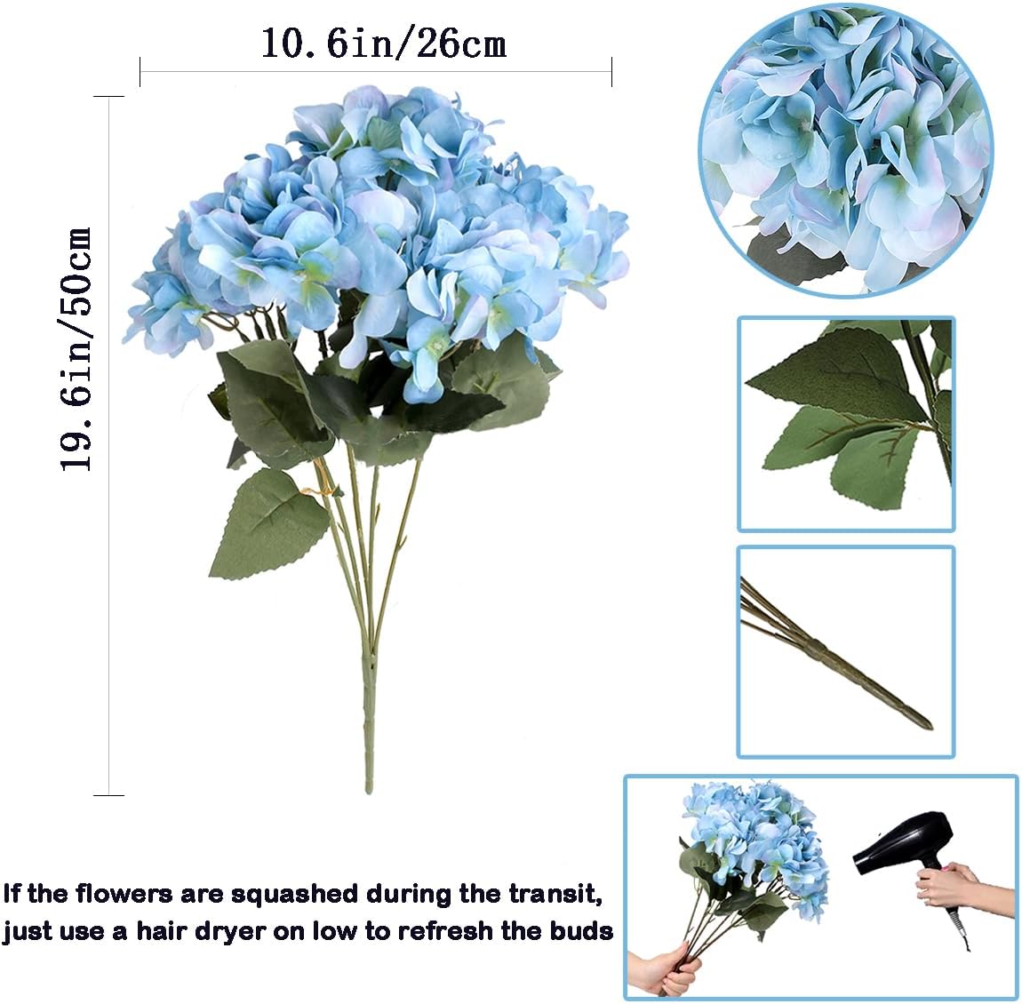 2Bouquets Artificial Fake Flowers Silk Hydrangea Arrangements Wedding Bouquets Decorations Plastic Floral Home Kitchen Garden Party Festival Bar DIY (Navy Blue)