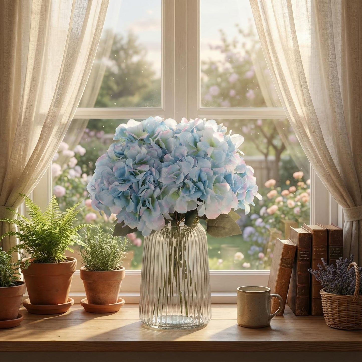 2Bouquets Artificial Fake Flowers Silk Hydrangea Arrangements Wedding Bouquets Decorations Plastic Floral Home Kitchen Garden Party Festival Bar DIY (Navy Blue)