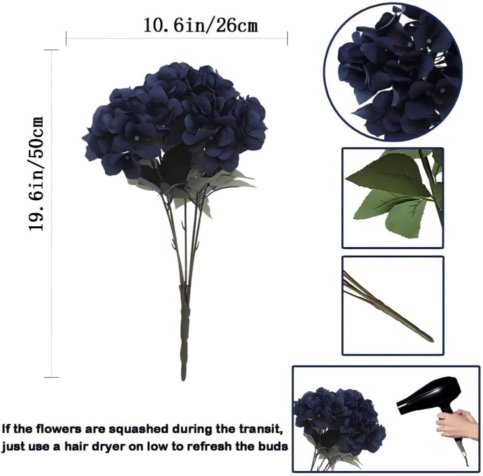 2Bouquets Artificial Fake Flowers Silk Hydrangea Arrangements Wedding Bouquets Decorations Plastic Floral Home Kitchen Garden Party Festival Bar DIY (Navy Blue)