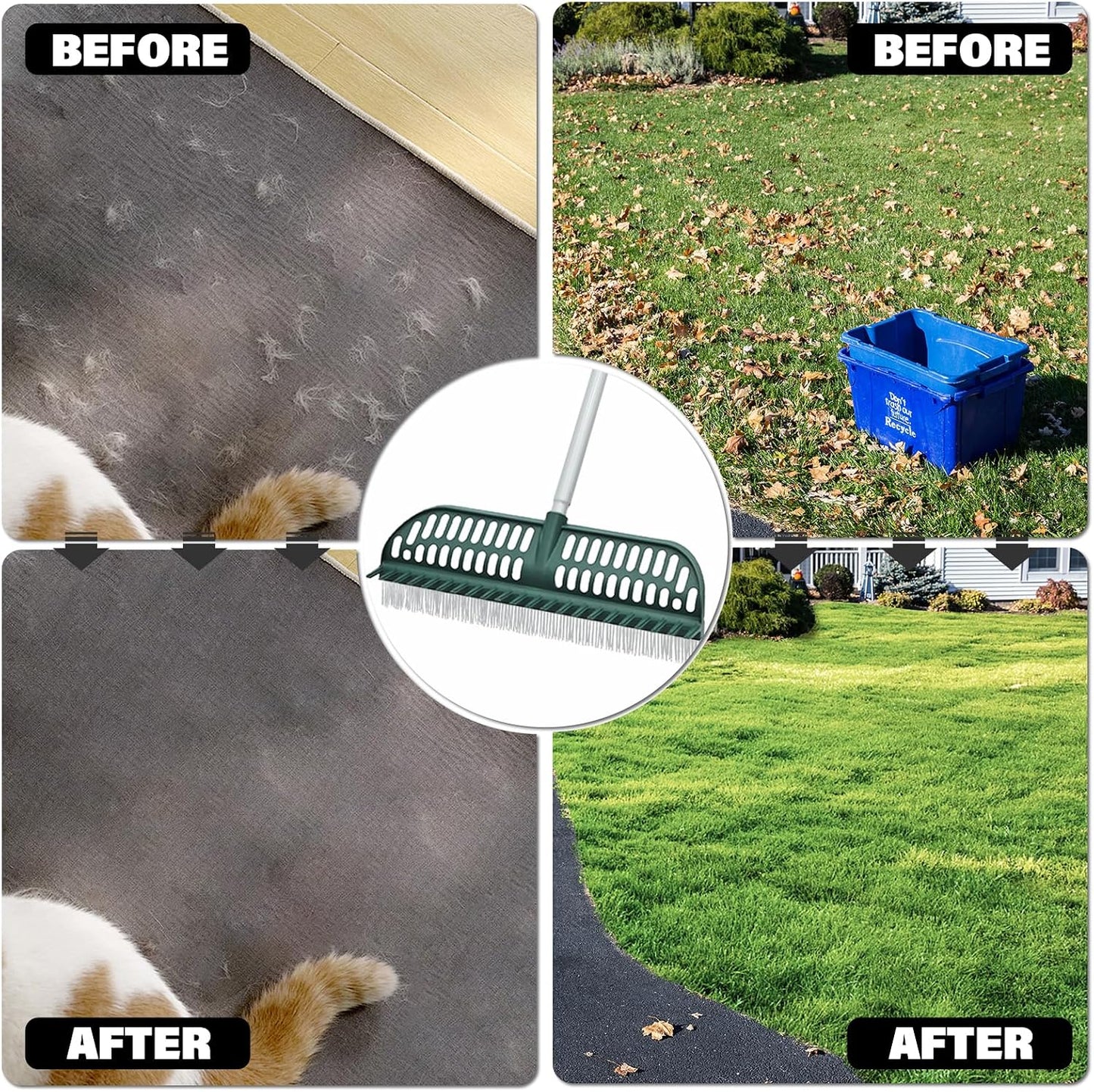 Artificial Turf Rake, 2 in 1 Turf Rake with Adjustable Steel Handle, 30" to 53" Long, 17.9 inch Wide for Artificial Grass and Lawn Leaf Removal, Carpet Rakes, Pet Hair Removal