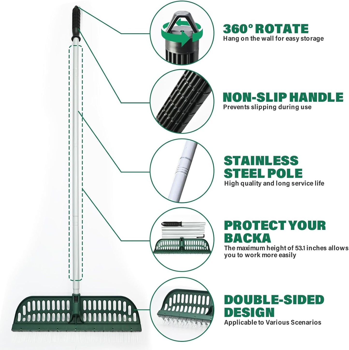 Artificial Turf Rake, 2 in 1 Turf Rake with Adjustable Steel Handle, 30" to 53" Long, 17.9 inch Wide for Artificial Grass and Lawn Leaf Removal, Carpet Rakes, Pet Hair Removal