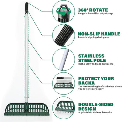 Artificial Turf Rake, 2 in 1 Turf Rake with Adjustable Steel Handle, 30" to 53" Long, 17.9 inch Wide for Artificial Grass and Lawn Leaf Removal, Carpet Rakes, Pet Hair Removal