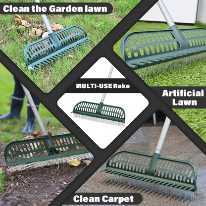 Artificial Turf Rake, 2 in 1 Turf Rake with Adjustable Steel Handle, 30" to 53" Long, 17.9 inch Wide for Artificial Grass and Lawn Leaf Removal, Carpet Rakes, Pet Hair Removal