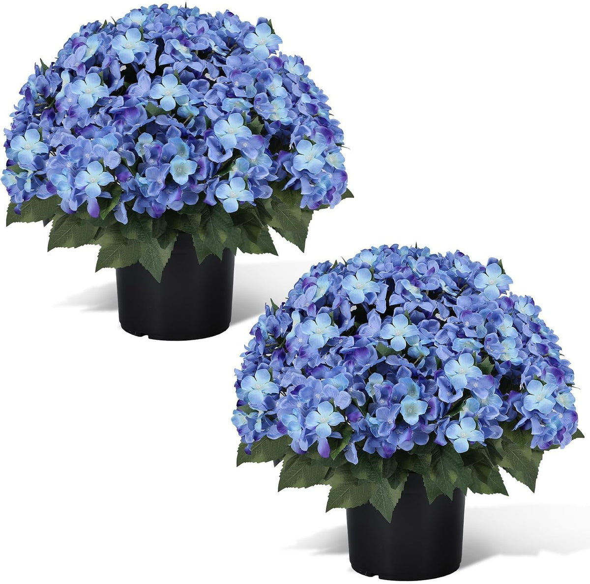 Artificial Hydrangea Flowers for Outdoors, 2 Pack UV Resistant Faux Silk Hydrangea Bushes with Pot for Porch Patio Garden Home Décor, Violet Blue