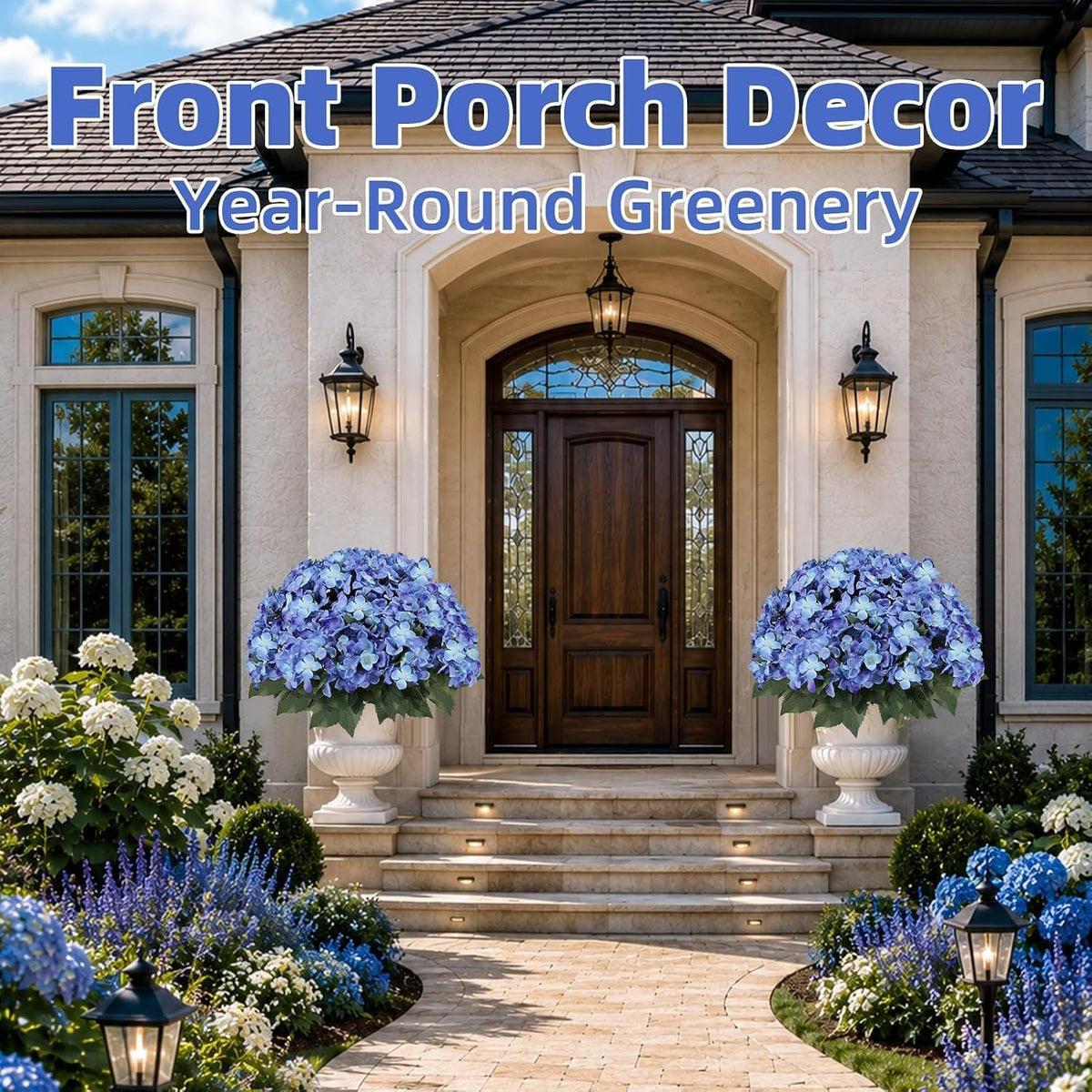 Artificial Hydrangea Flowers for Outdoors, 2 Pack UV Resistant Faux Silk Hydrangea Bushes with Pot for Porch Patio Garden Home Décor, Violet Blue