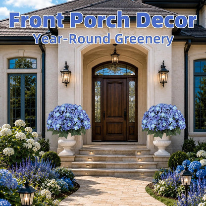 Artificial Hydrangea Flowers for Outdoors, 2 Pack UV Resistant Faux Silk Hydrangea Bushes with Pot for Porch Patio Garden Home Décor, Violet Blue