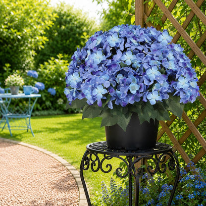 Artificial Hydrangea Flowers for Outdoors, 2 Pack UV Resistant Faux Silk Hydrangea Bushes with Pot for Porch Patio Garden Home Décor, Violet Blue