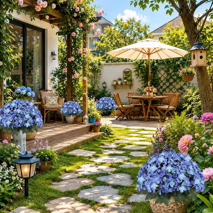 Artificial Hydrangea Flowers for Outdoors, 2 Pack UV Resistant Faux Silk Hydrangea Bushes with Pot for Porch Patio Garden Home Décor, Violet Blue