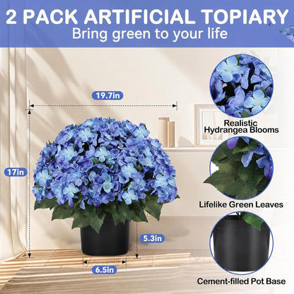 Artificial Hydrangea Flowers for Outdoors, 2 Pack UV Resistant Faux Silk Hydrangea Bushes with Pot for Porch Patio Garden Home Décor, Violet Blue