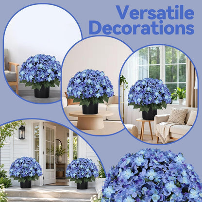 Artificial Hydrangea Flowers for Outdoors, 2 Pack UV Resistant Faux Silk Hydrangea Bushes with Pot for Porch Patio Garden Home Décor, Violet Blue