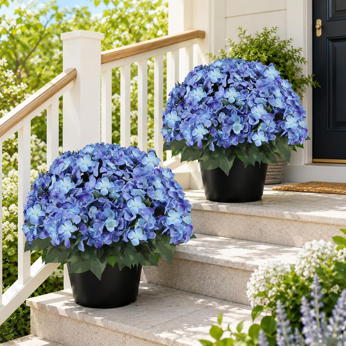 Artificial Hydrangea Flowers for Outdoors, 2 Pack UV Resistant Faux Silk Hydrangea Bushes with Pot for Porch Patio Garden Home Décor, Violet Blue