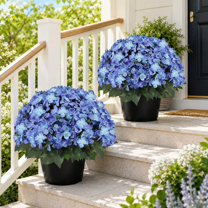 Artificial Hydrangea Flowers for Outdoors, 2 Pack UV Resistant Faux Silk Hydrangea Bushes with Pot for Porch Patio Garden Home Décor, Violet Blue