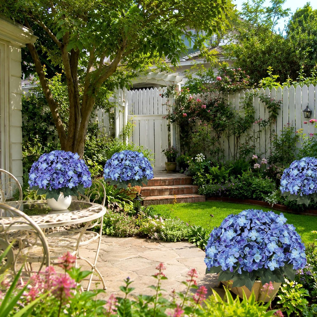 Artificial Hydrangea Flowers for Outdoors, 2 Pack UV Resistant Faux Silk Hydrangea Bushes with Pot for Porch Patio Garden Home Décor, Violet Blue