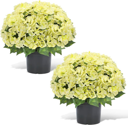 Artificial Hydrangea Flowers for Outdoors, 2 Pack UV Resistant Faux Silk Hydrangea Bushes with Pot for Porch Patio Garden Home Décor, Violet Blue