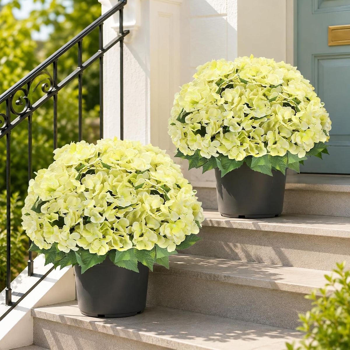 Artificial Hydrangea Flowers for Outdoors, 2 Pack UV Resistant Faux Silk Hydrangea Bushes with Pot for Porch Patio Garden Home Décor, Violet Blue