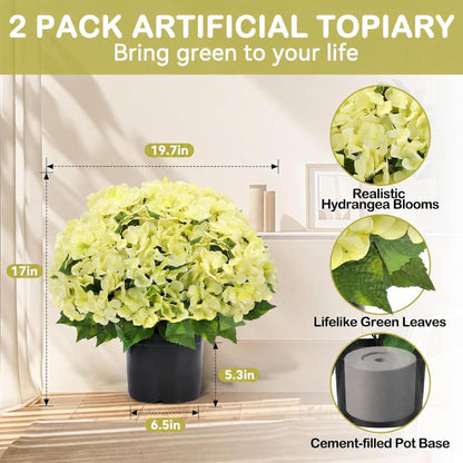 Artificial Hydrangea Flowers for Outdoors, 2 Pack UV Resistant Faux Silk Hydrangea Bushes with Pot for Porch Patio Garden Home Décor, Violet Blue