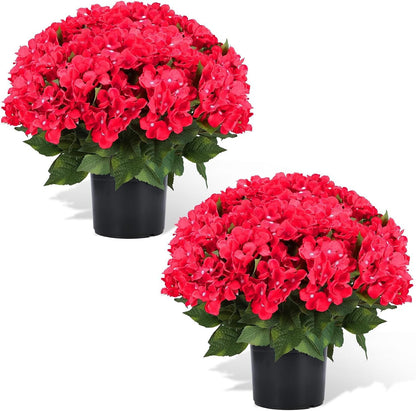 Artificial Hydrangea Flowers for Outdoors, 2 Pack UV Resistant Faux Silk Hydrangea Bushes with Pot for Porch Patio Garden Home Décor, Violet Blue