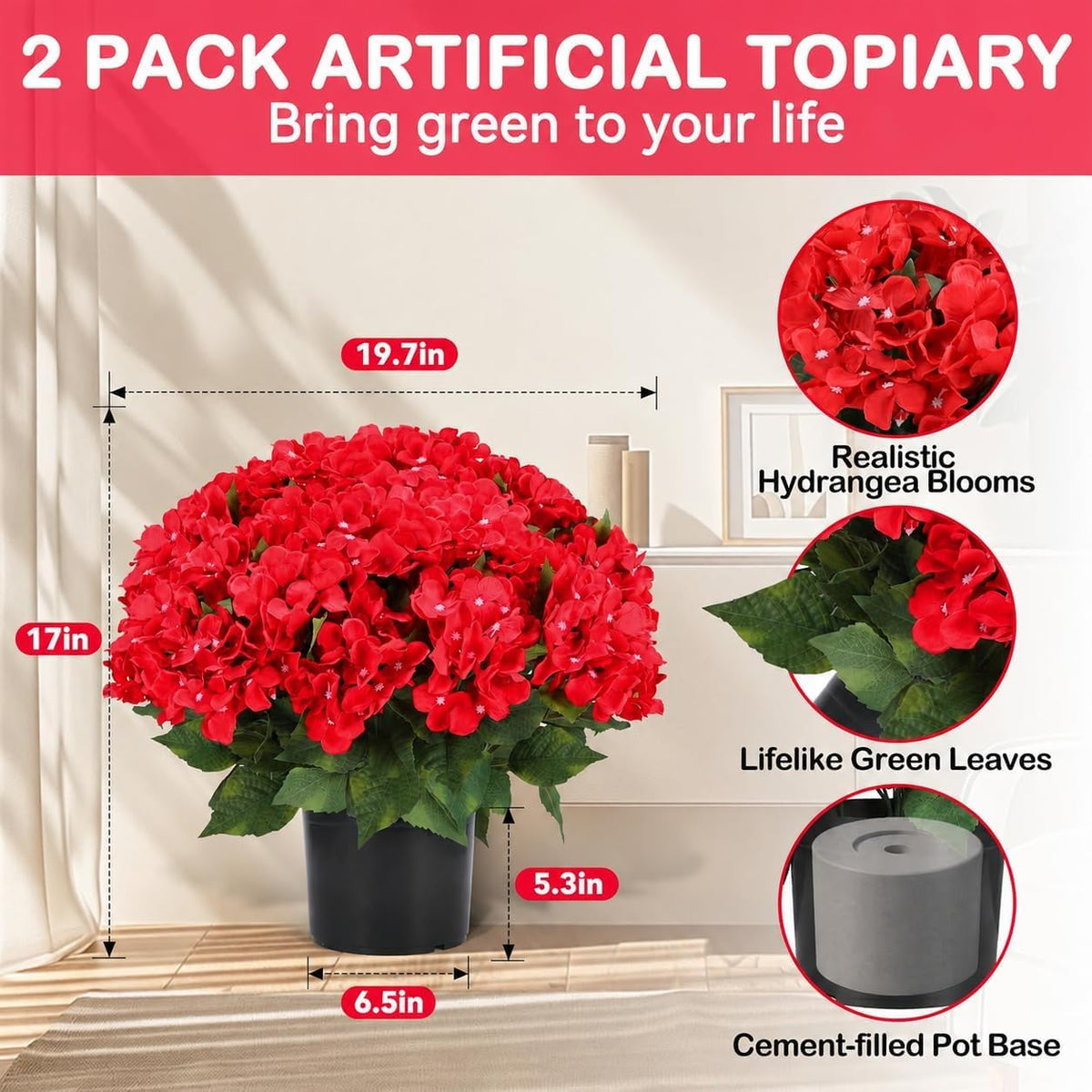 Artificial Hydrangea Flowers for Outdoors, 2 Pack UV Resistant Faux Silk Hydrangea Bushes with Pot for Porch Patio Garden Home Décor, Violet Blue
