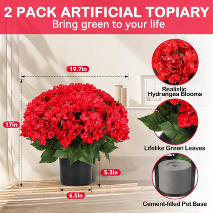 Artificial Hydrangea Flowers for Outdoors, 2 Pack UV Resistant Faux Silk Hydrangea Bushes with Pot for Porch Patio Garden Home Décor, Violet Blue