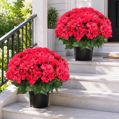 Artificial Hydrangea Flowers for Outdoors, 2 Pack UV Resistant Faux Silk Hydrangea Bushes with Pot for Porch Patio Garden Home Décor, Violet Blue