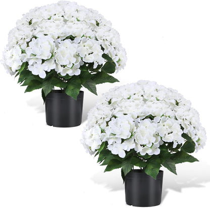 Artificial Hydrangea Flowers for Outdoors, 2 Pack UV Resistant Faux Silk Hydrangea Bushes with Pot for Porch Patio Garden Home Décor, Violet Blue