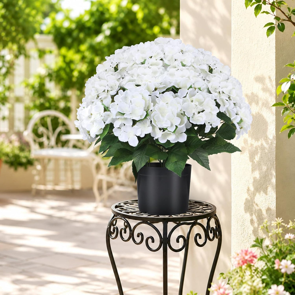 Artificial Hydrangea Flowers for Outdoors, 2 Pack UV Resistant Faux Silk Hydrangea Bushes with Pot for Porch Patio Garden Home Décor, Violet Blue