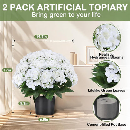 Artificial Hydrangea Flowers for Outdoors, 2 Pack UV Resistant Faux Silk Hydrangea Bushes with Pot for Porch Patio Garden Home Décor, Violet Blue