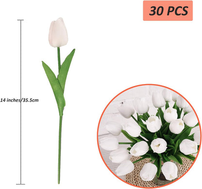 30pcs Real Touch Tulips PU Artificial Flowers, Fake Tulips Flowers for Arrangement Wedding Party Easter Spring Home Dining Room Office Decoration. (White)