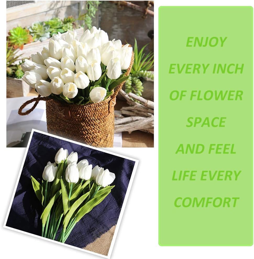 30pcs Real Touch Tulips PU Artificial Flowers, Fake Tulips Flowers for Arrangement Wedding Party Easter Spring Home Dining Room Office Decoration. (White)