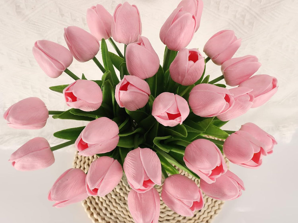 30pcs Real Touch Tulips PU Artificial Flowers, Fake Tulips Flowers for Arrangement Wedding Party Easter Spring Home Dining Room Office Decoration. (White)