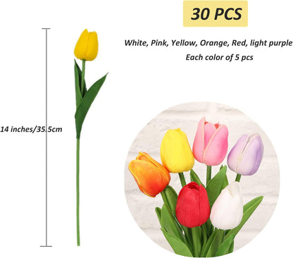 30pcs Real Touch Tulips PU Artificial Flowers, Fake Tulips Flowers for Arrangement Wedding Party Easter Spring Home Dining Room Office Decoration. (White)