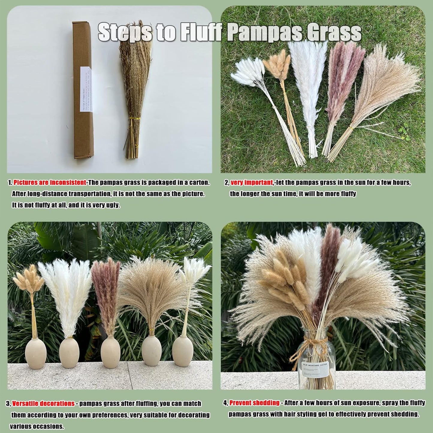 Pampas Grass Decor 110 pcs 17.5inch Natural Dried Pampas Grass-15Pcs White Pampas & 15Pcs Brown Pampas & 50Pcs Reed Grass& 30Pcs Bunny Tail Grass,Fluffy Dried Flowers for Home Decor Wedding Boho Decor