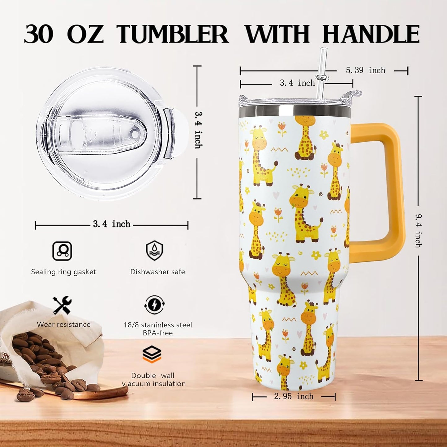 30 oz Stainless Steel Tumbler with lid and Straw,Yellow CoffeeTravel Mug Cup Water Botter, Lemon Gifts for Lemon Lovers - Colors A
