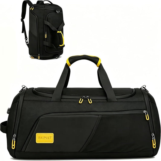 Raipult Gym Duffle Bag for Men Women, Travel Duffel Bag Backpack with Shoe Compartment & Wet Pocket, 50L Waterproof Sports Overnight Weekender Bag with USB Port, Black