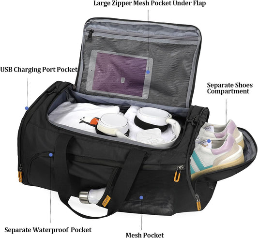 Raipult Gym Duffle Bag for Men Women, Travel Duffel Bag Backpack with Shoe Compartment & Wet Pocket, 50L Waterproof Sports Overnight Weekender Bag with USB Port, Black