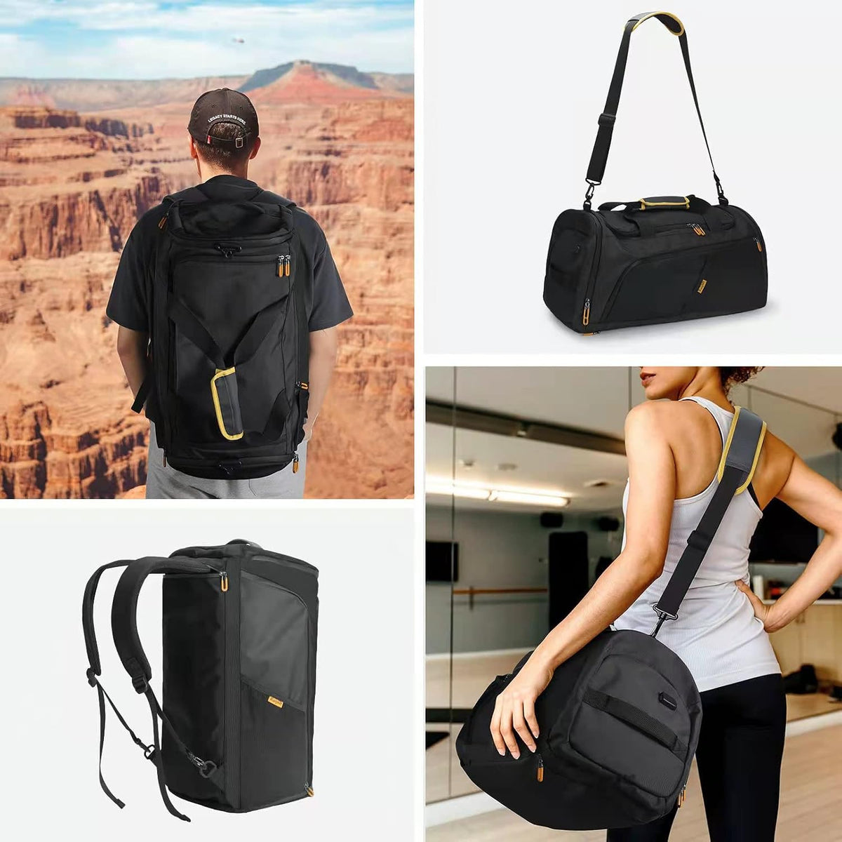 Raipult Gym Duffle Bag for Men Women, Travel Duffel Bag Backpack with Shoe Compartment & Wet Pocket, 50L Waterproof Sports Overnight Weekender Bag with USB Port, Black