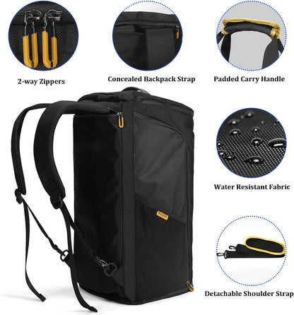 Raipult Gym Duffle Bag for Men Women, Travel Duffel Bag Backpack with Shoe Compartment & Wet Pocket, 50L Waterproof Sports Overnight Weekender Bag with USB Port, Black