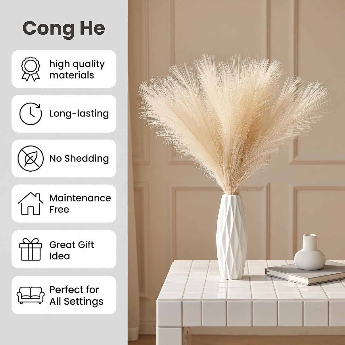 Artificial Pampas Grass Decor,21.7" Fluffy Faux Pampas,30Pcs Bohemian Style