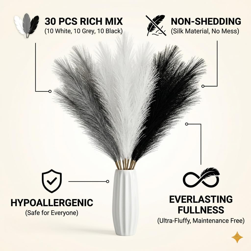 Artificial Pampas Grass Decor,21.7" Fluffy Faux Pampas,30Pcs Bohemian Style