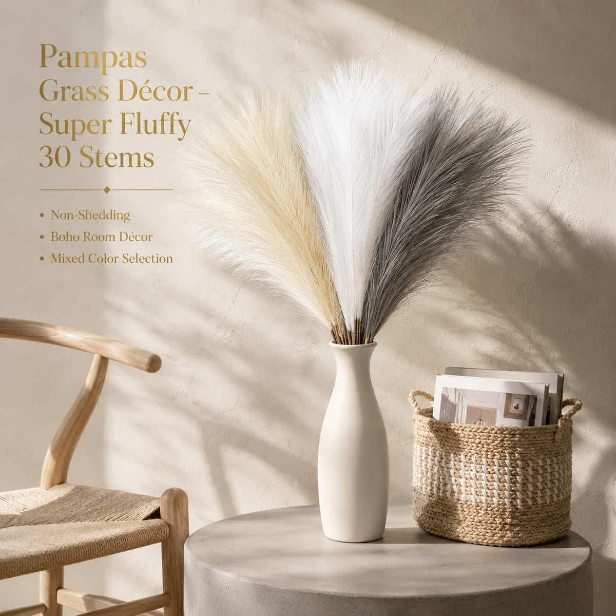 Artificial Pampas Grass Decor,21.7" Fluffy Faux Pampas,30Pcs Bohemian Style