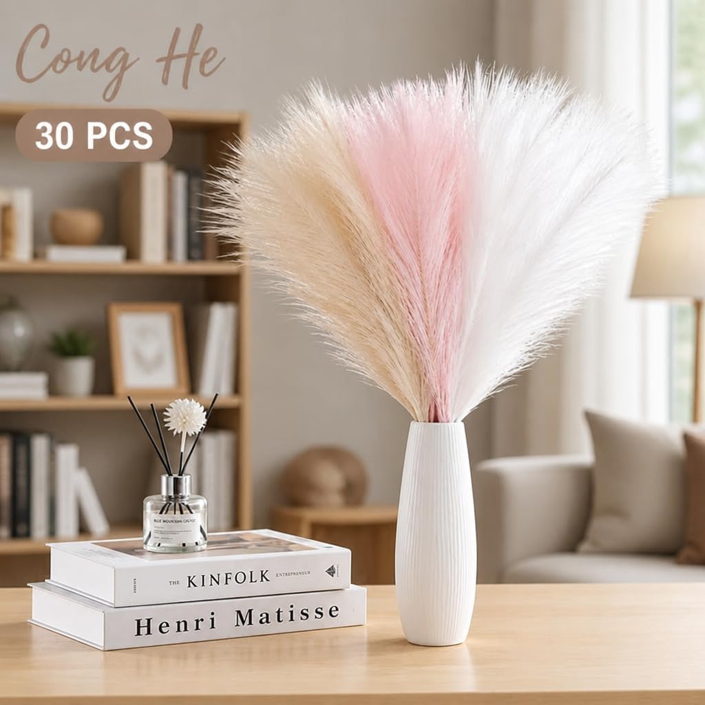 Artificial Pampas Grass Decor,21.7" Fluffy Faux Pampas,30Pcs Bohemian Style