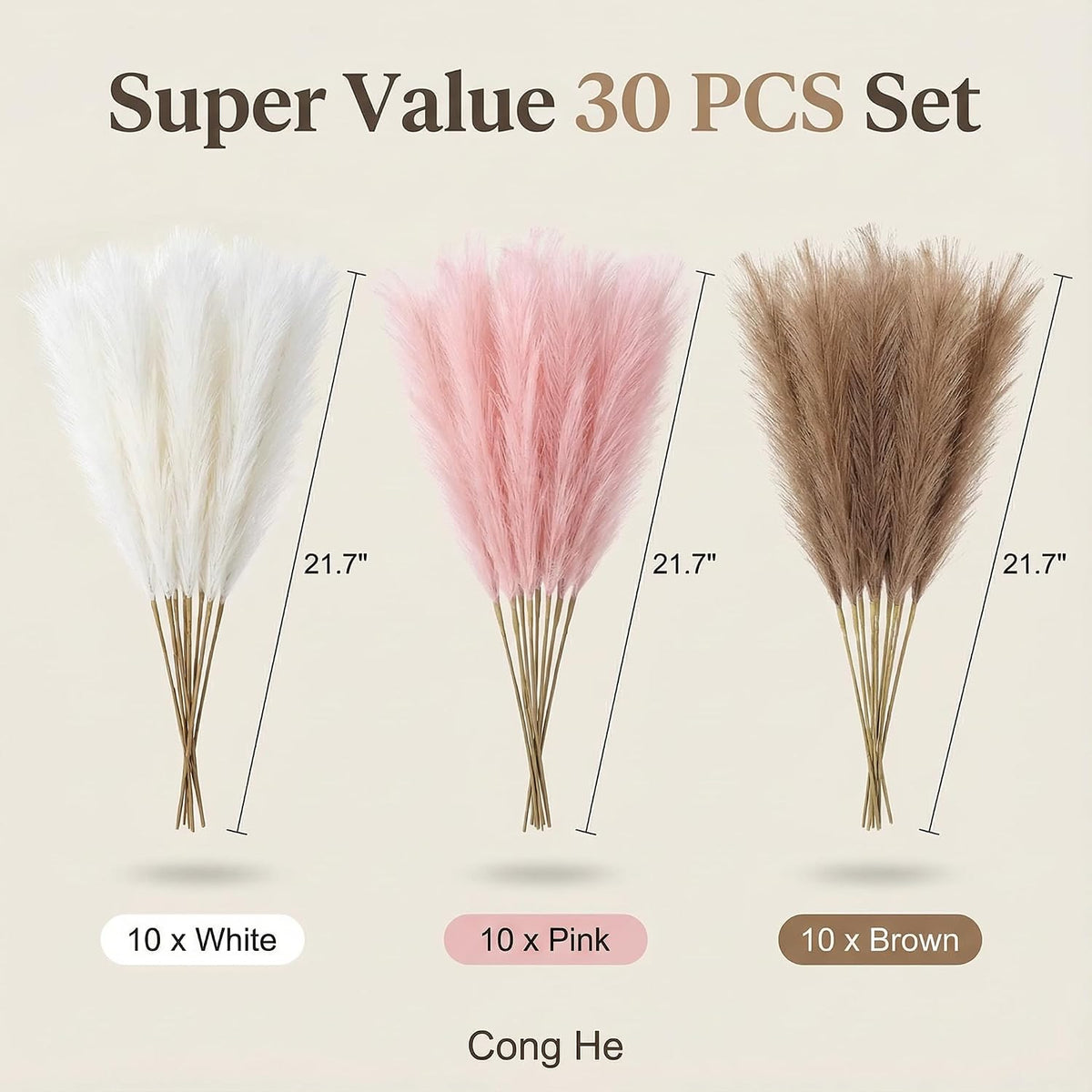 Artificial Pampas Grass Decor,21.7" Fluffy Faux Pampas,30Pcs Bohemian Style