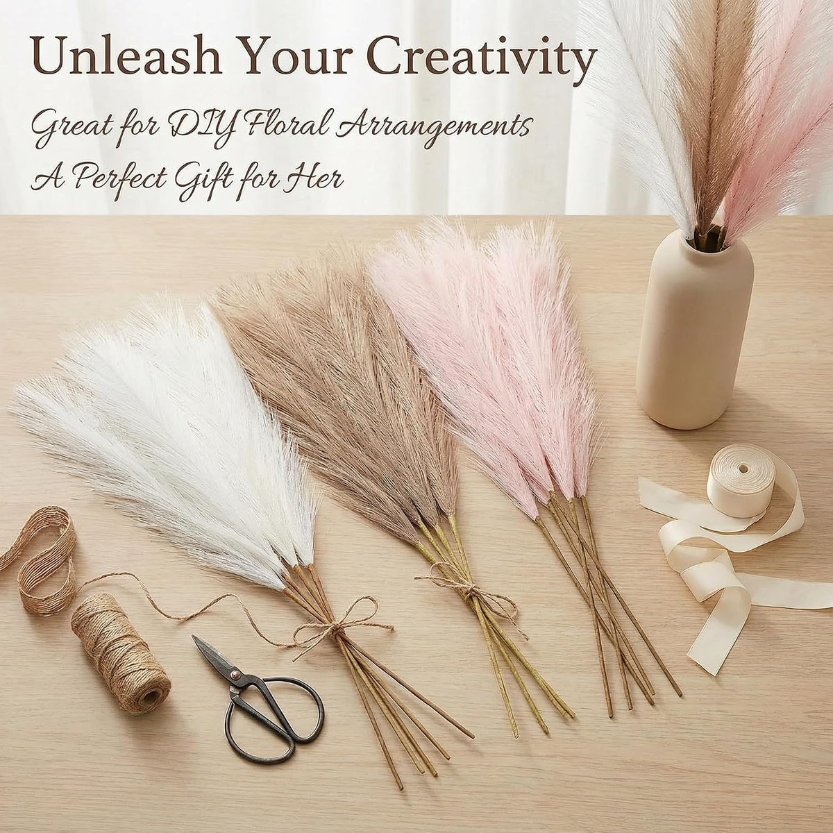 Artificial Pampas Grass Decor,21.7" Fluffy Faux Pampas,30Pcs Bohemian Style