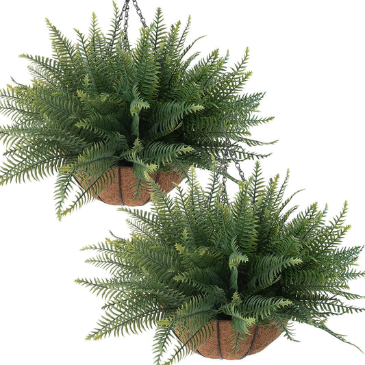 2 Pcs Fake Ferns Hanging Baskets, Artificial Hanging Plants Outdoor, 2 Hanging Planters with 24 Pcs Fake Ferns for Indoor Outside Decorations for Front Porch Garden Balcony Patio Home Decor (2, Green)