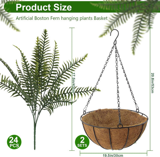 2 Pcs Fake Ferns Hanging Baskets, Artificial Hanging Plants Outdoor, 2 Hanging Planters with 24 Pcs Fake Ferns for Indoor Outside Decorations for Front Porch Garden Balcony Patio Home Decor (2, Green)