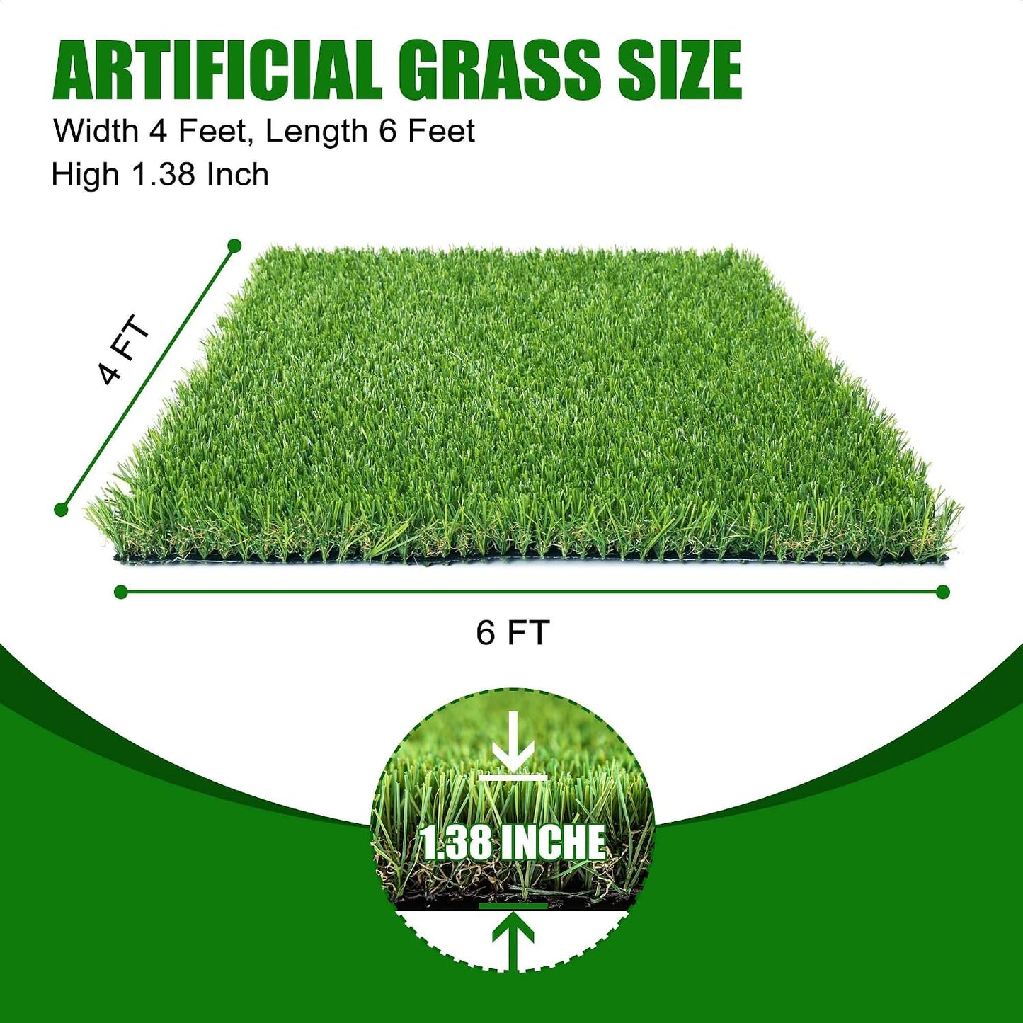 Artificial Grass Turf 4x6 FT, Large Synthetic Turf Mat with Drainage Holes for Potty Training, Reusable Fake Grass Rug Outdoor Patio Balcony, Green