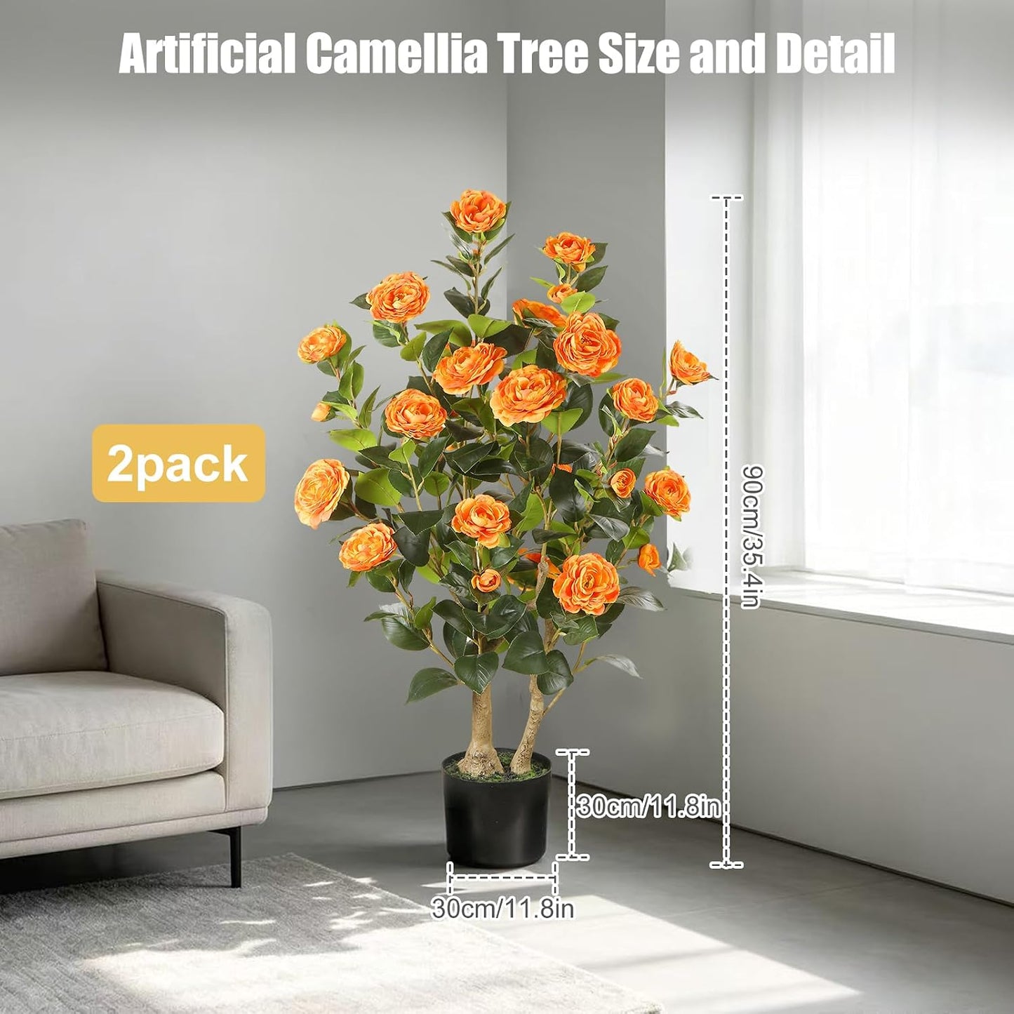Artificial Camellia Tree 2 Pack, 3FT Faux Camellia Plant with Orange Flowers Lifelike, Faux Greenery for Living Room, Patio, or Wedding