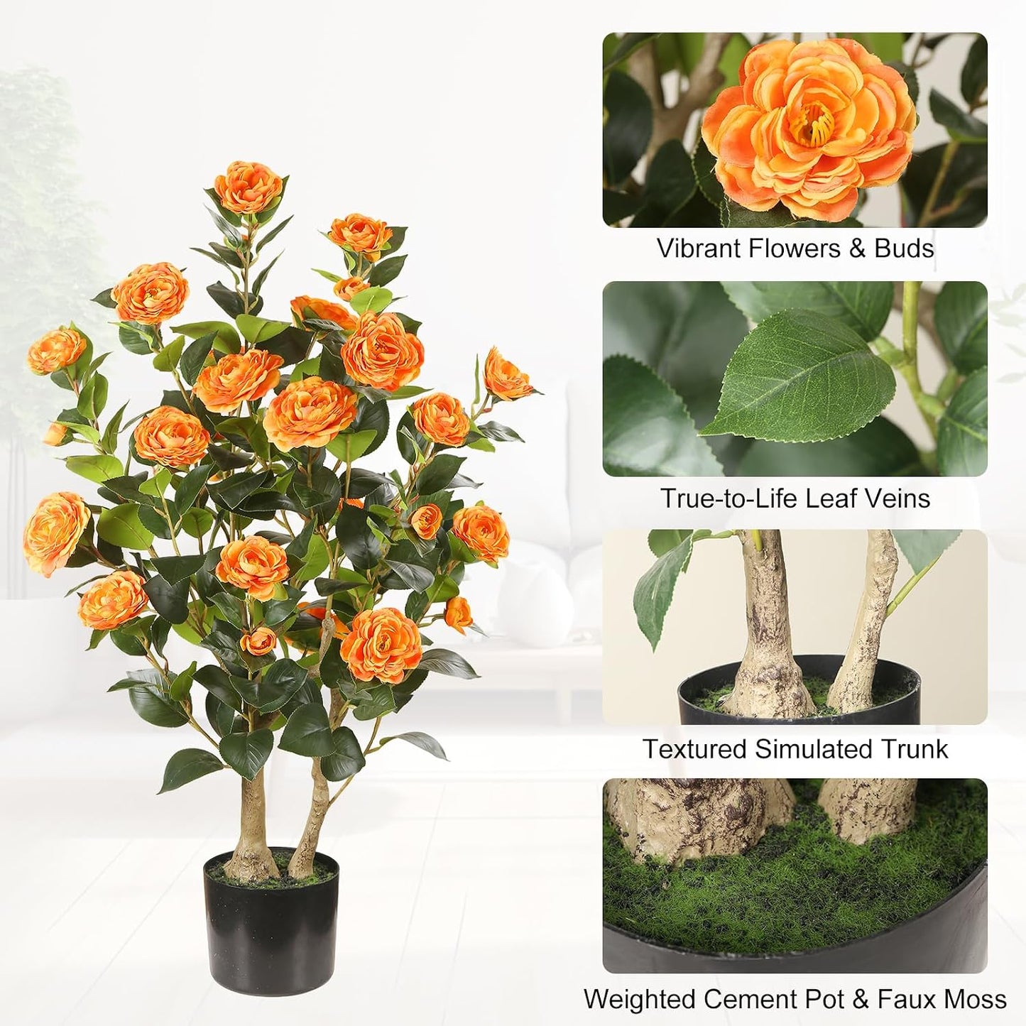 Artificial Camellia Tree 2 Pack, 3FT Faux Camellia Plant with Orange Flowers Lifelike, Faux Greenery for Living Room, Patio, or Wedding